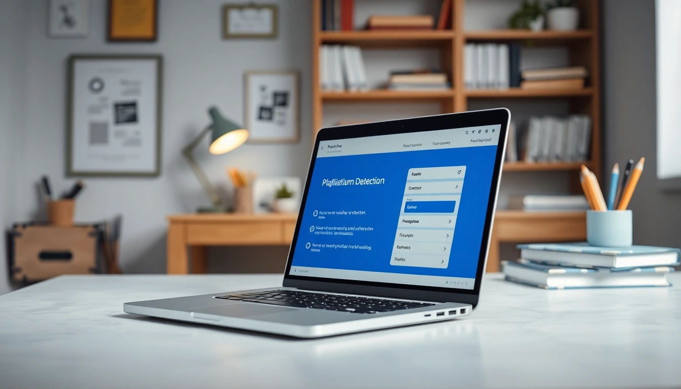 Use the plagiarism checker tool displayed on a laptop screen in a cozy study to enhance your writing accuracy.