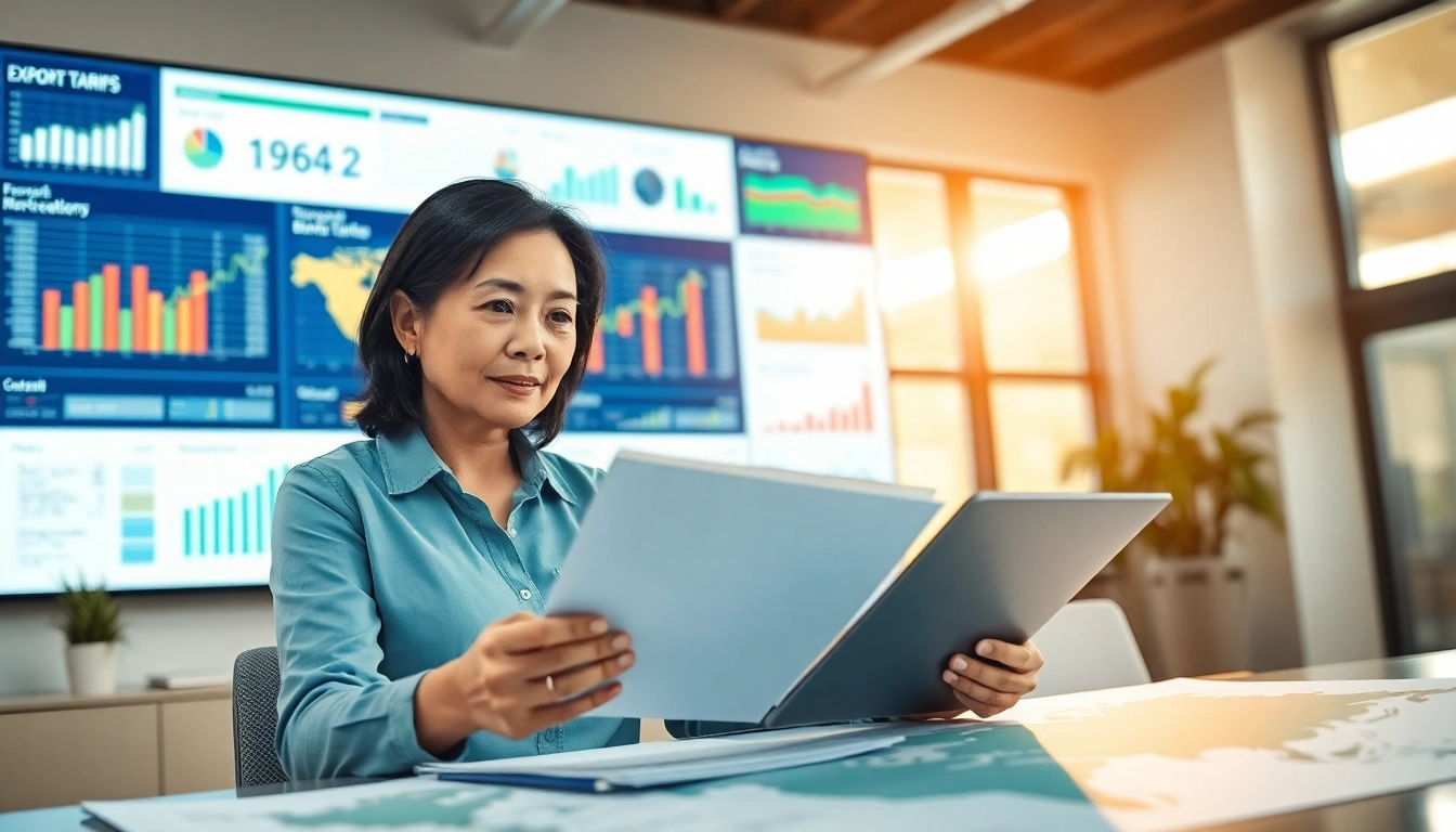 Analyze export tariffs with a professional economist reviewing trade data in a bright office.