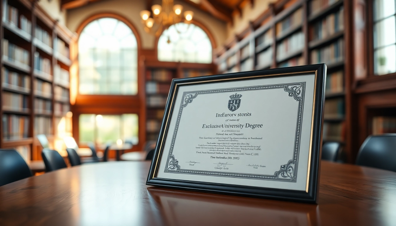 Display an original university degree UK against a library backdrop, highlighting academic achievement.