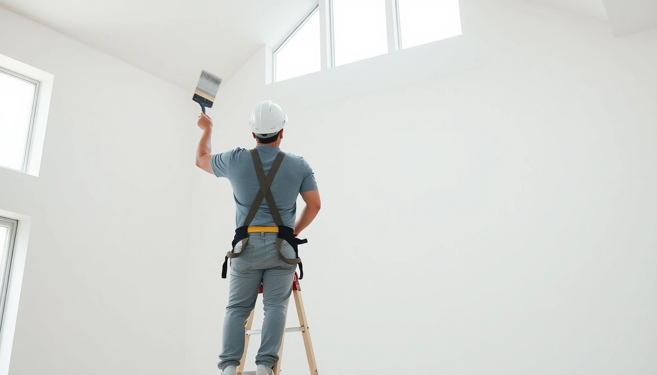 Painter meticulously applying drywall painting in a bright, freshly prepared room.