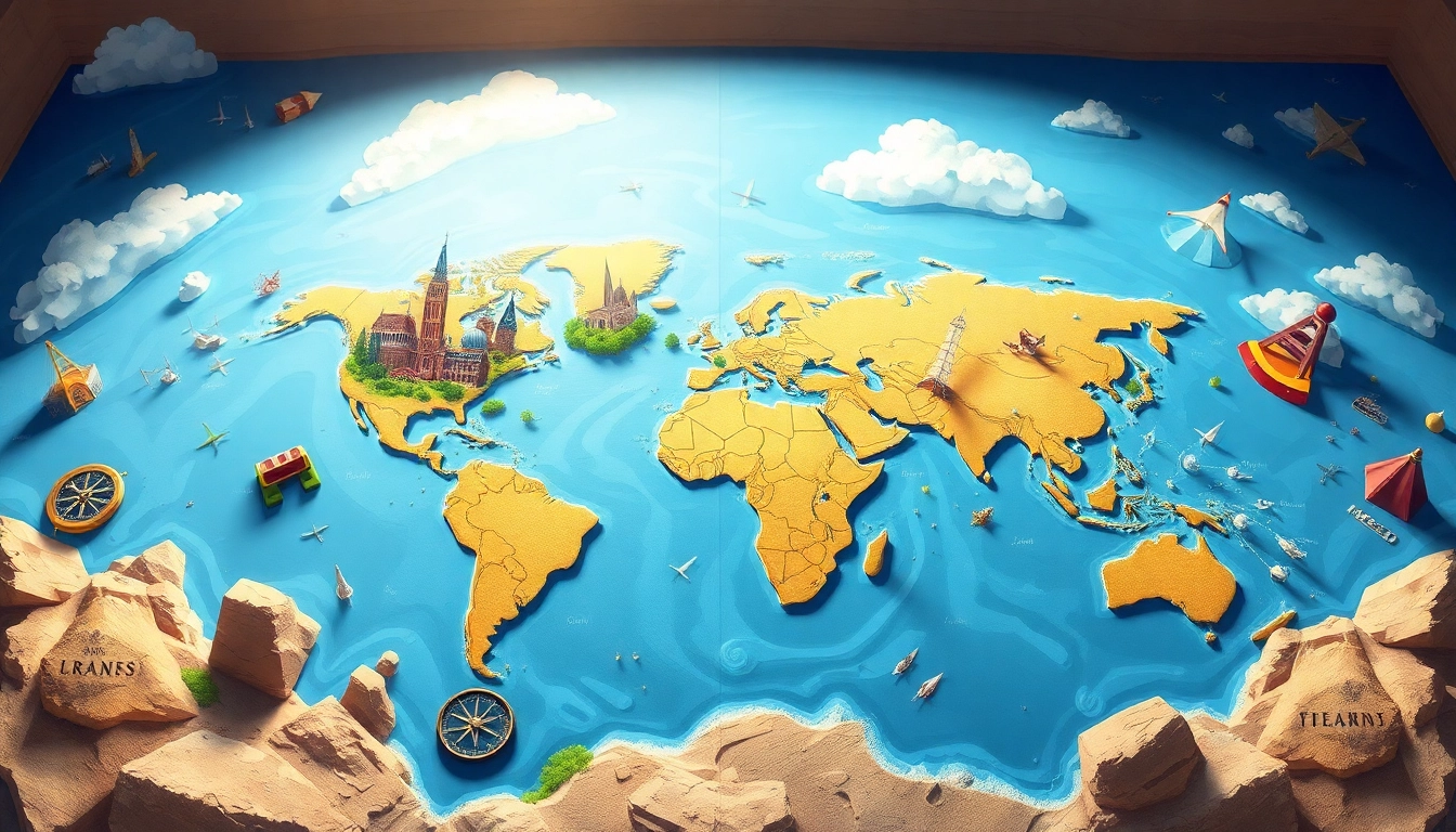 Discover various Locations worldwide through a vibrant illustrated map with landmarks.