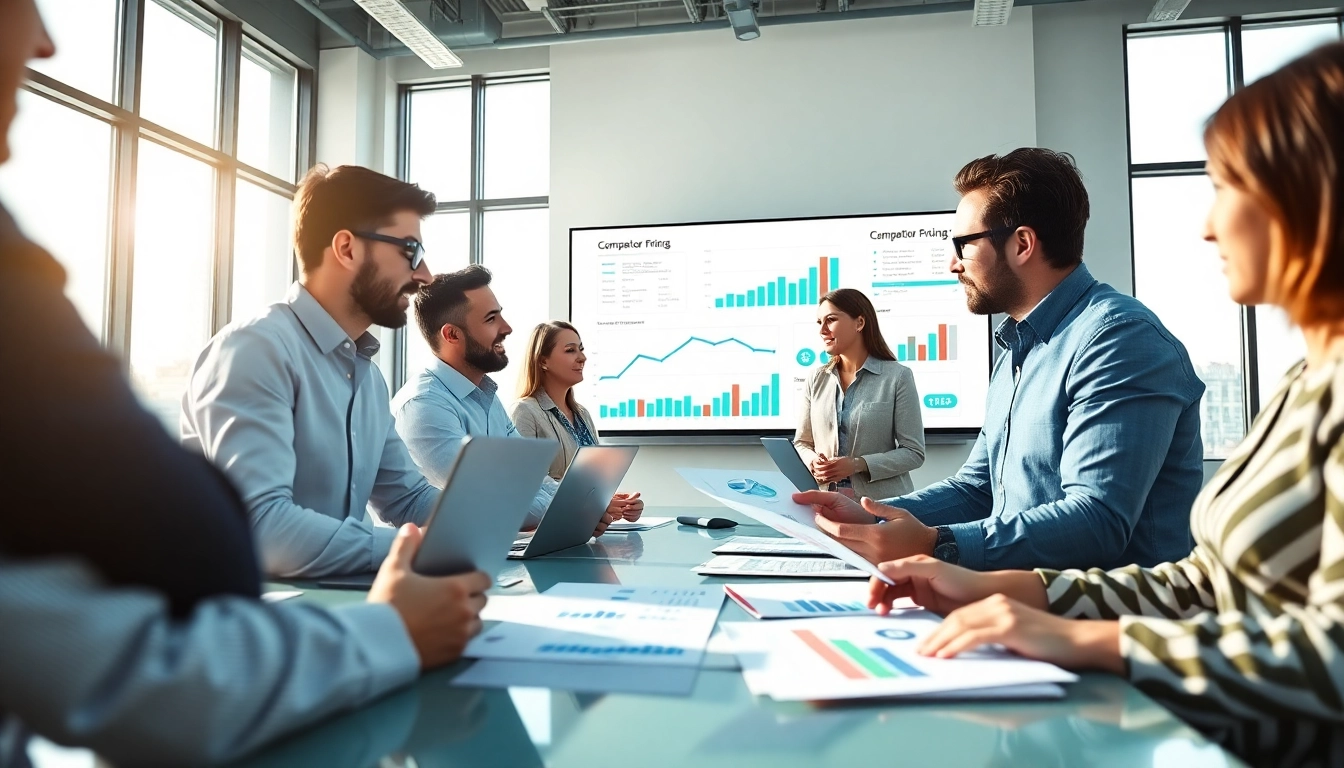 Analyze competitor pricing research during a collaborative business meeting with data charts.