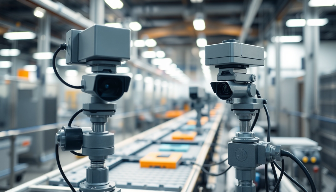 Visual representation of machine vision technology in an industrial setup highlighting automated cameras and sensors.