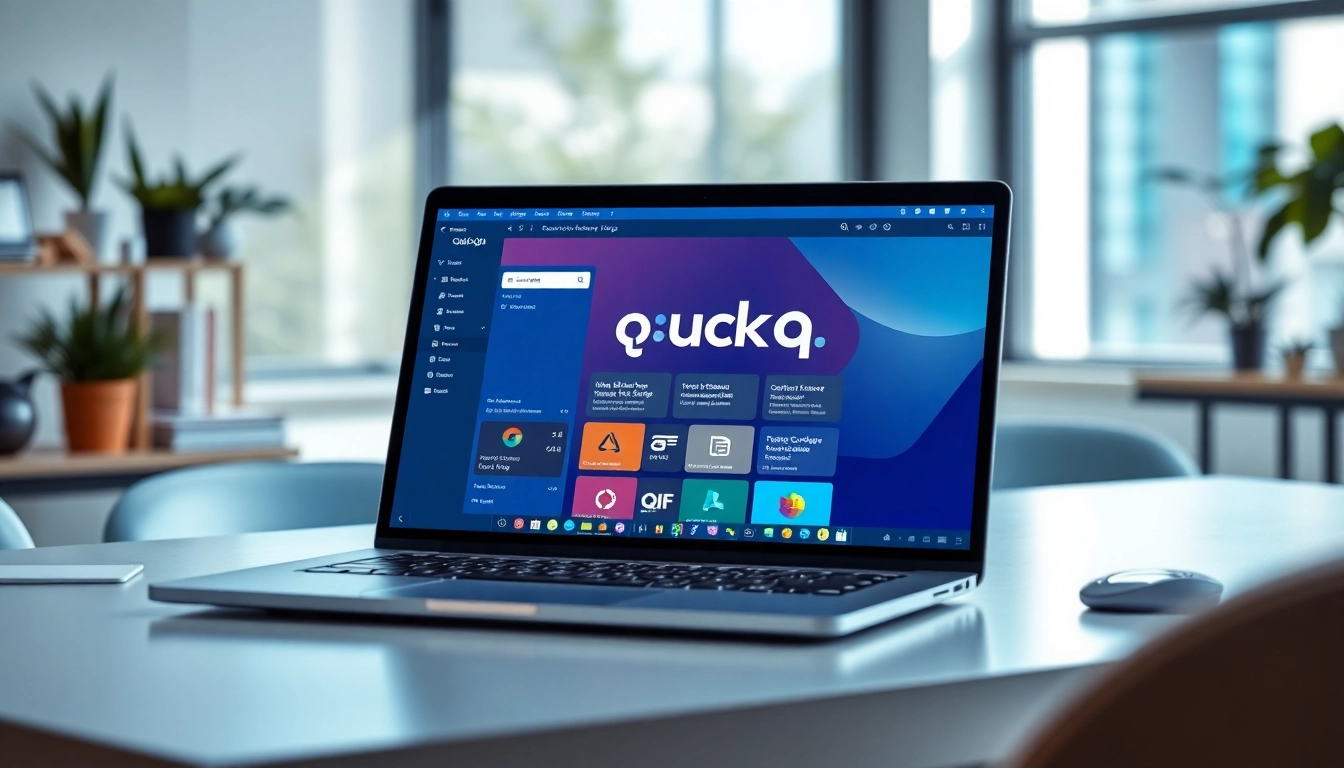 Navigate the quickq官网 platform using a laptop in a bright, modern workspace showcasing productivity.