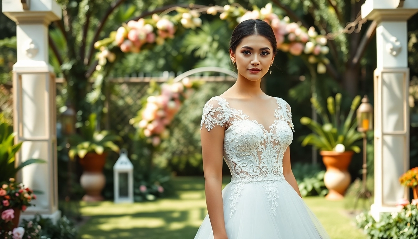 Explore stunning reception wedding dresses in a beautiful outdoor garden setting with floral decor.