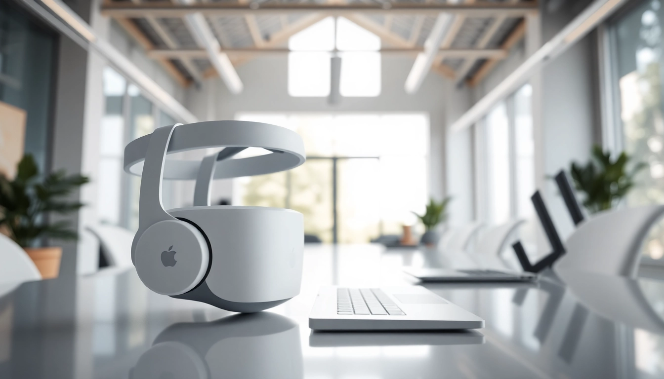 Buy Vision Pro headset, highlighting its innovative design and modern office setting.