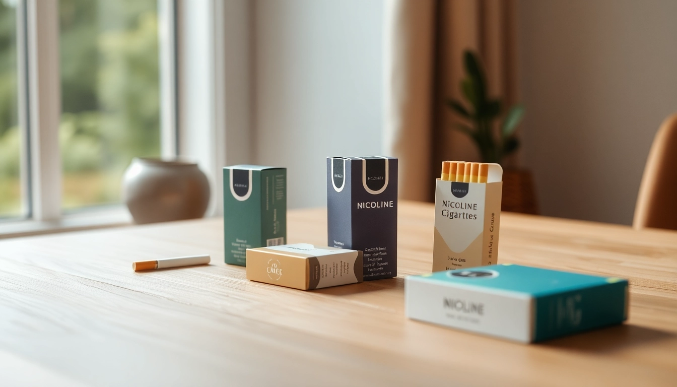 Experience nicotine free cigarettes with elegantly designed packaging in a calm setting.
