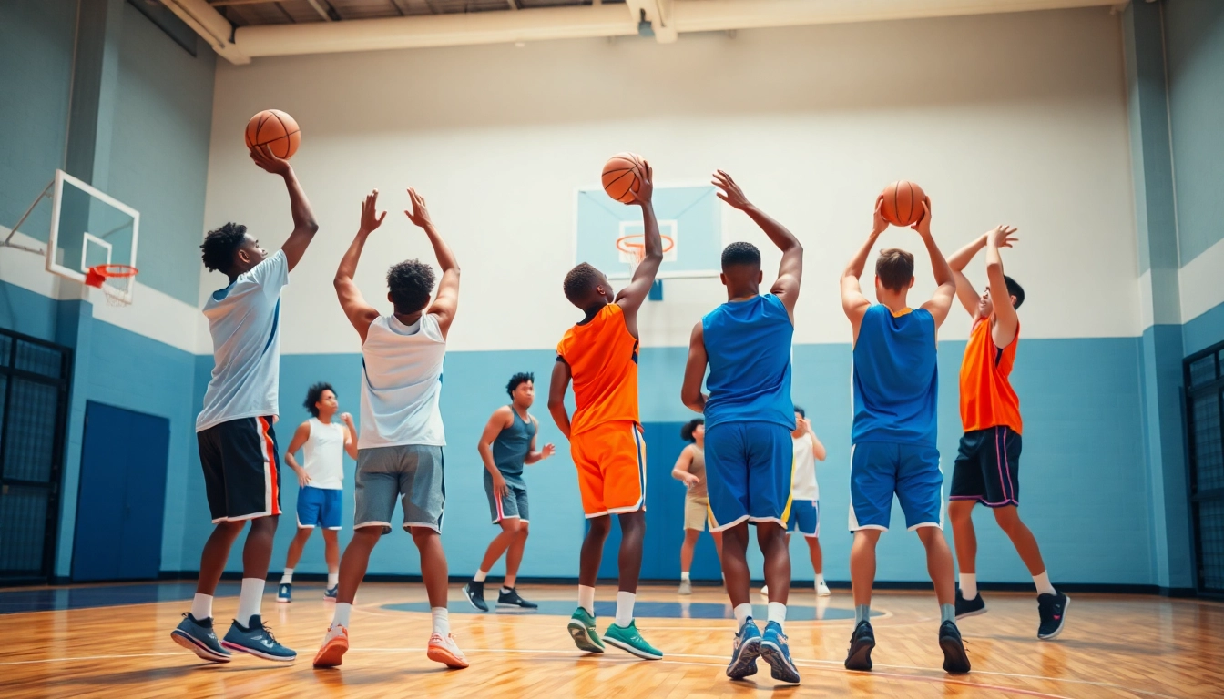 Dynamic scene of young athletes in basketball training programs near me showcasing teamwork and skill.