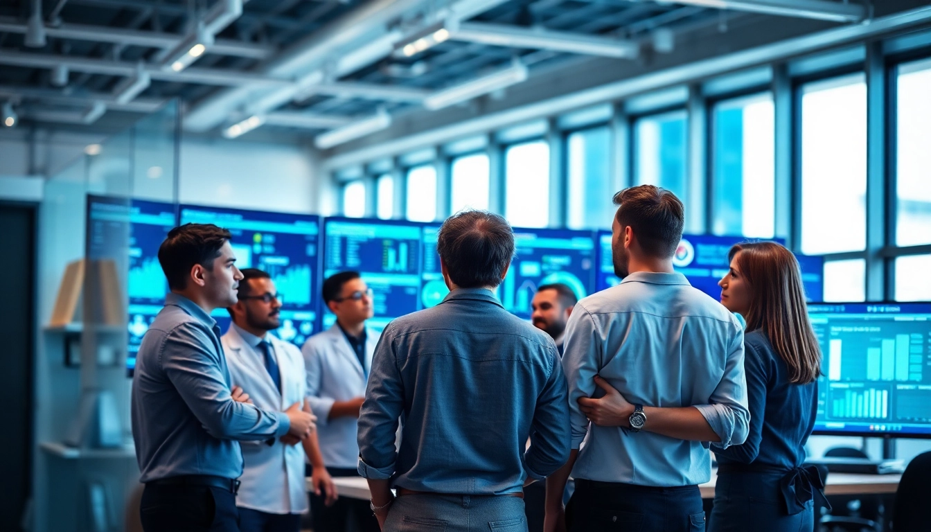 Engaged professionals providing managed IT service in a modern office with technology displays.