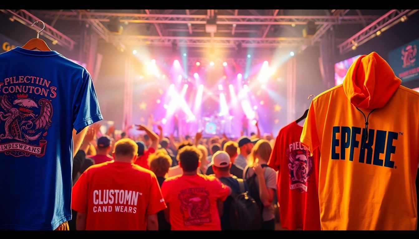 Display of vibrant bandwear merchandise at a lively music festival showcasing unique apparel.