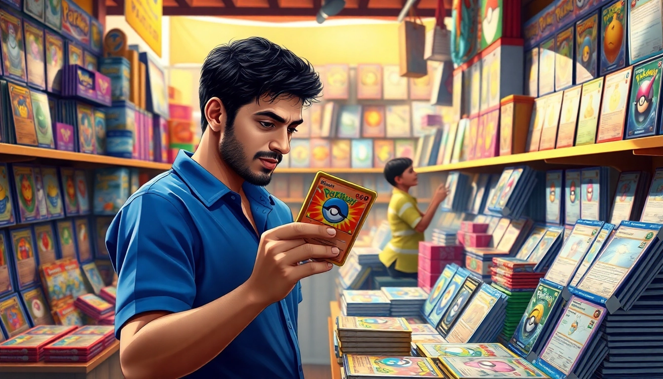 Collector browsing real pokemon cards india with vibrant displays and booster packs in a lively market.