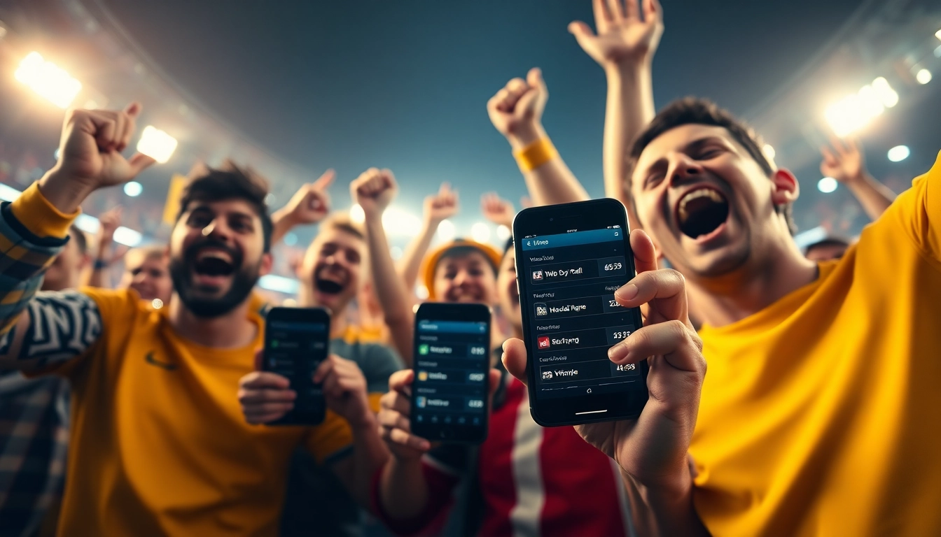 Engaged fans celebrating victories on judi bola terpercaya with vibrant mobile screens, showcasing thrilling betting experiences.