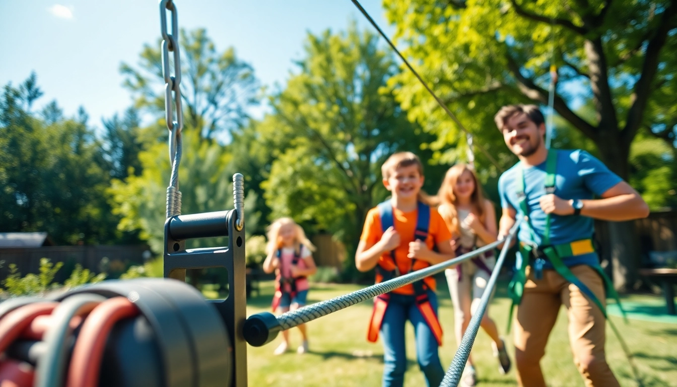 Children enjoying ZIP WIRE KITS safety and fun in a brightly lit backyard setting.