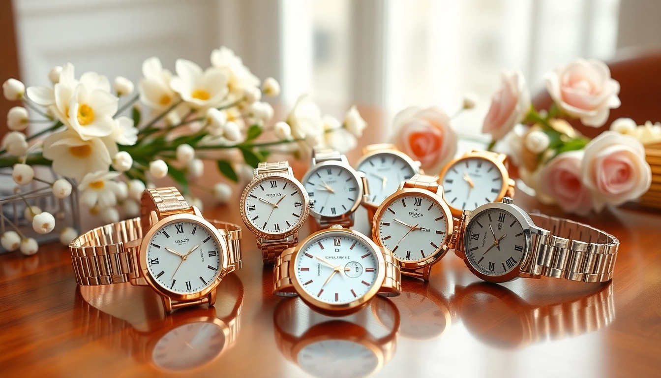 Damen Armbanduhren in eleganter Anordnung auf einem Tisch mit floralen Akzenten.