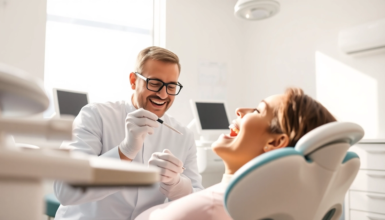 Showcase checkups with a friendly dentist examining a patient's teeth in a modern dental office.