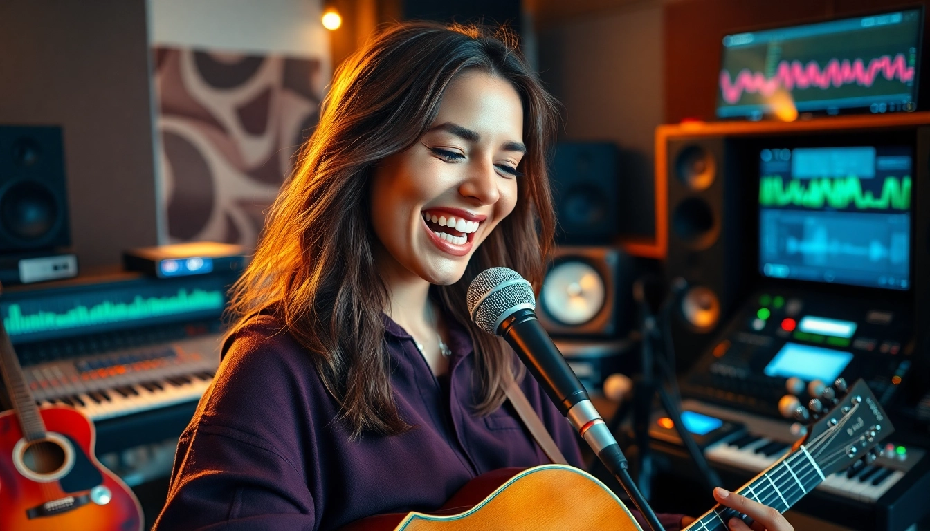 Musicians engaged in music pitching within a vibrant studio environment showcasing creativity.