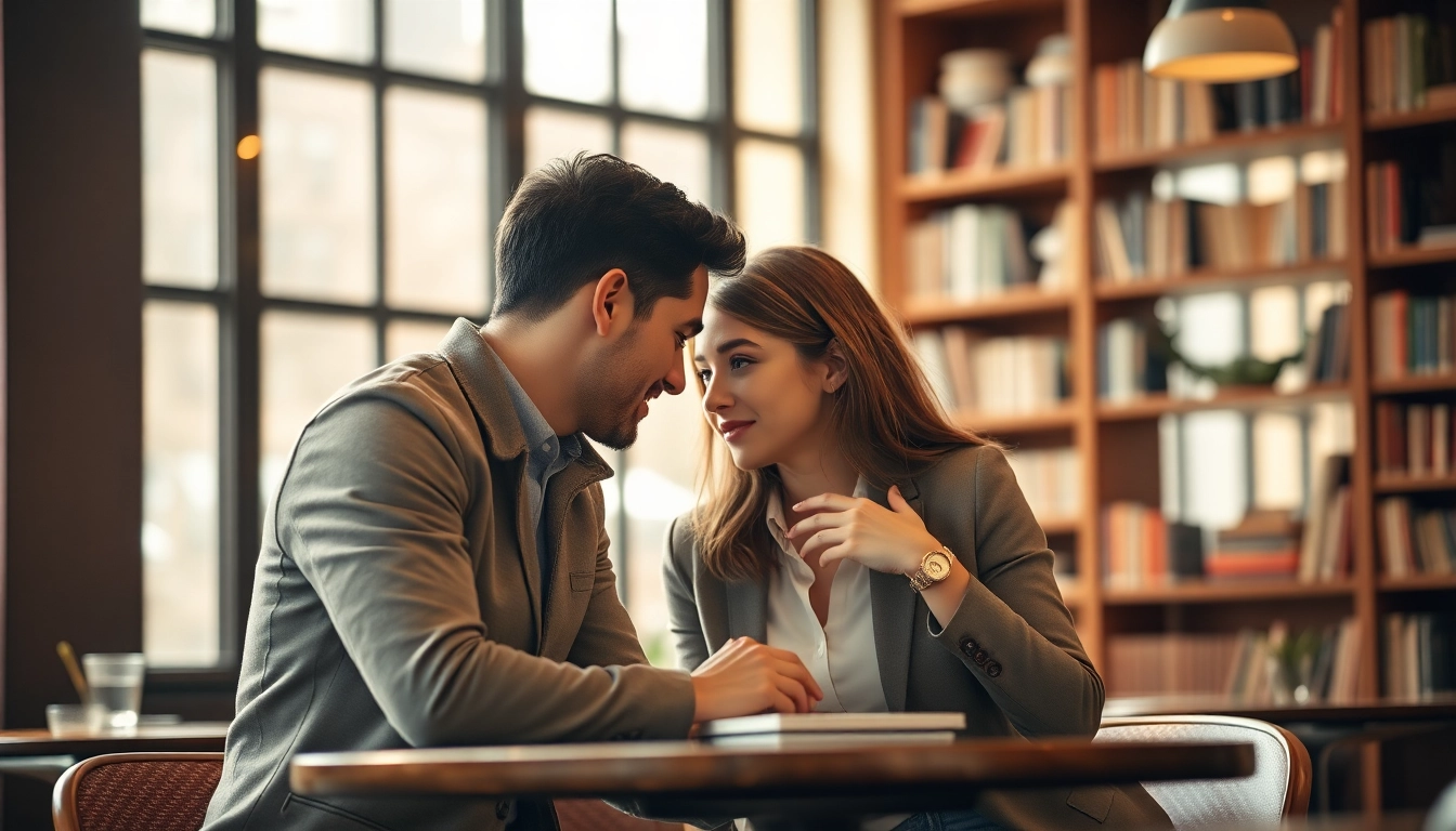 Promoting communication in relationships through an intimate conversation between a couple in a café.