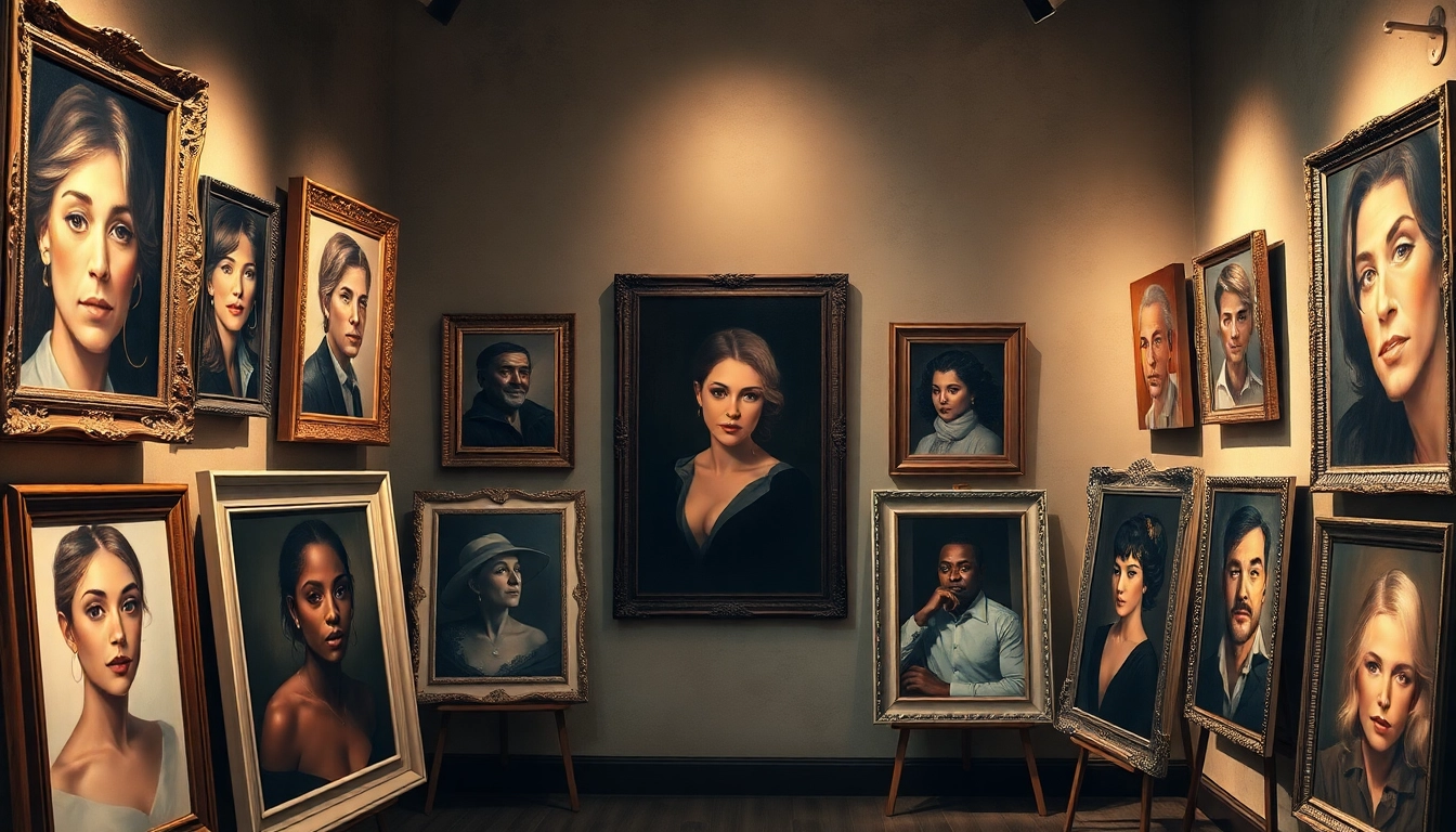 Explore diverse portrait paintings displayed in an elegant gallery setting