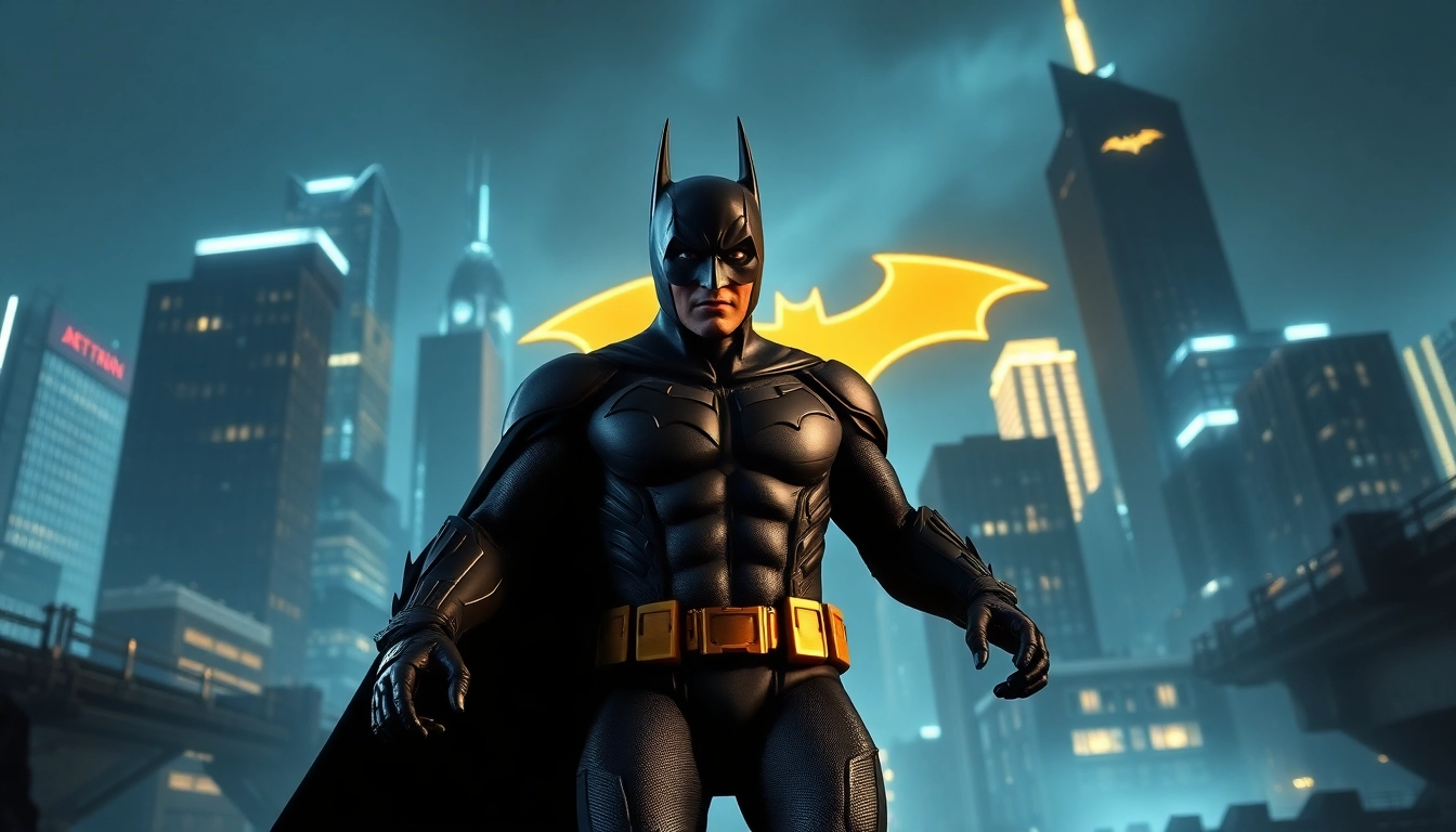 Bermain game batman138 dengan karakter Batman di latar kota Gotham yang ikonik.