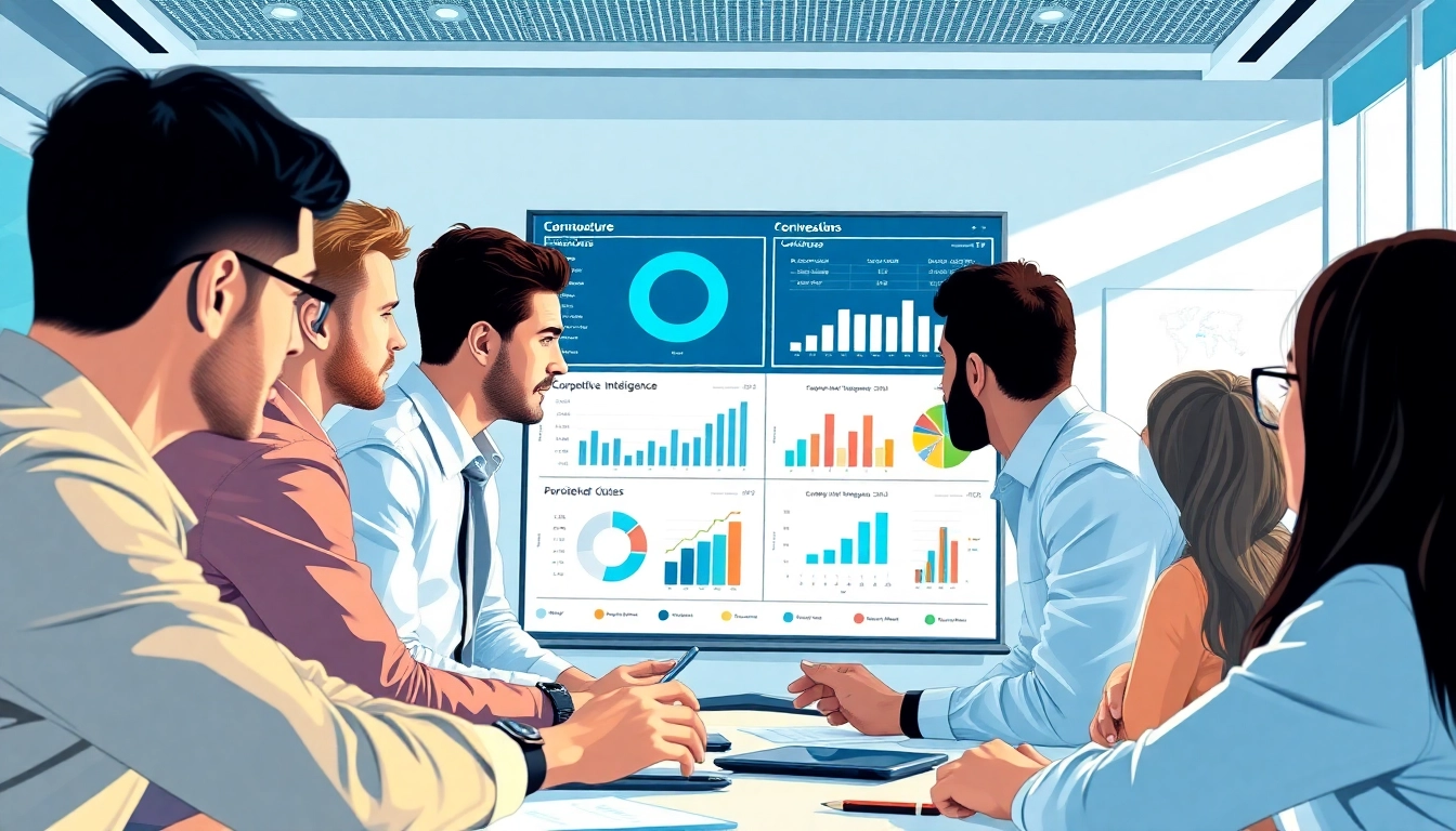 Analyze competitive intelligence data during a professional business meeting with diverse team members.