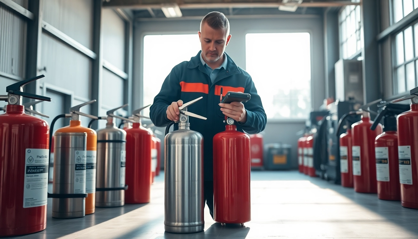 Enhance safety with fire extinguisher servicing Cannock, showcasing a technician performing inspections.