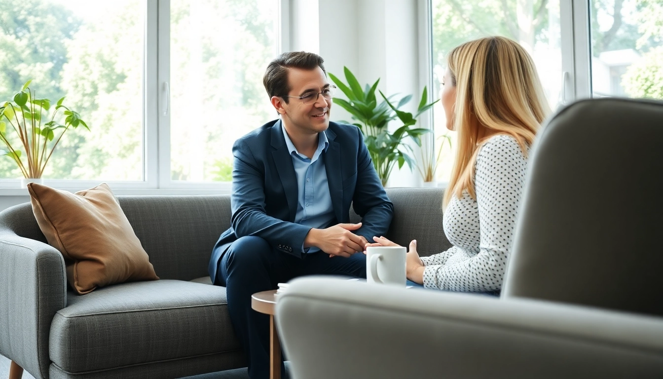 Engaging attachment theory coach counseling a client in a bright, serene office.