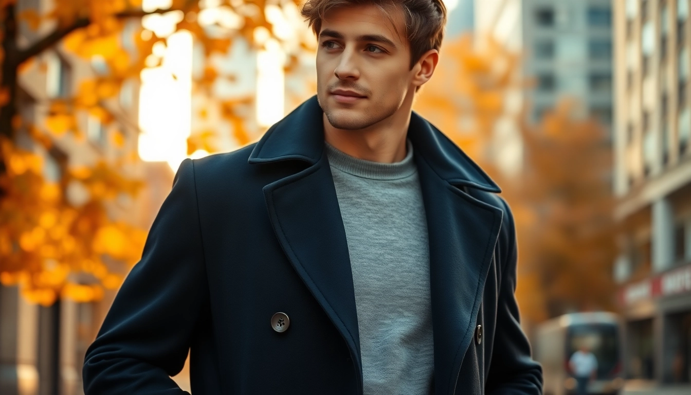 Showcasing stylish mens coats, a man poses in an urban autumn setting with vibrant leaves.