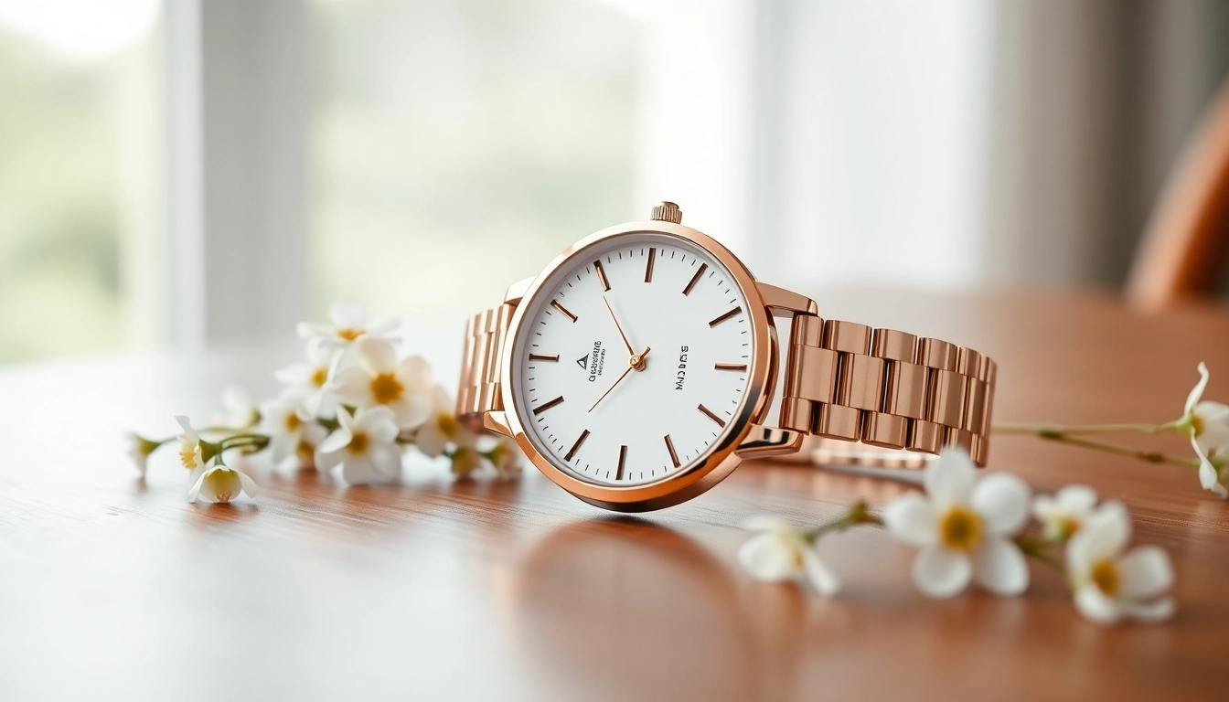 Damen Armbanduhren mit elegantem Design und reflektierenden Oberflächen auf einem minimalistischen Tisch