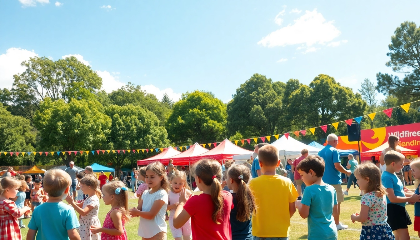 Families enjoying a lively wildfire event perth with activities and fun atmosphere.