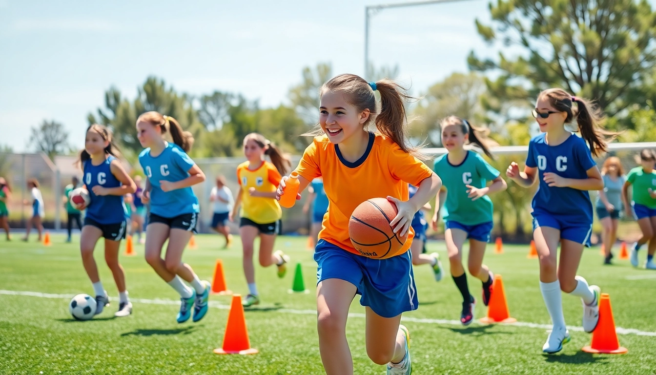 Girls enjoying Multi Sports Camps for Girls, showcasing teamwork and sports activities in a vibrant outdoor field.