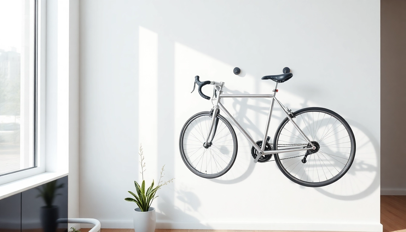 Organize your urban bike storage with a modern wall-mounted bike rack in a stylish setting.