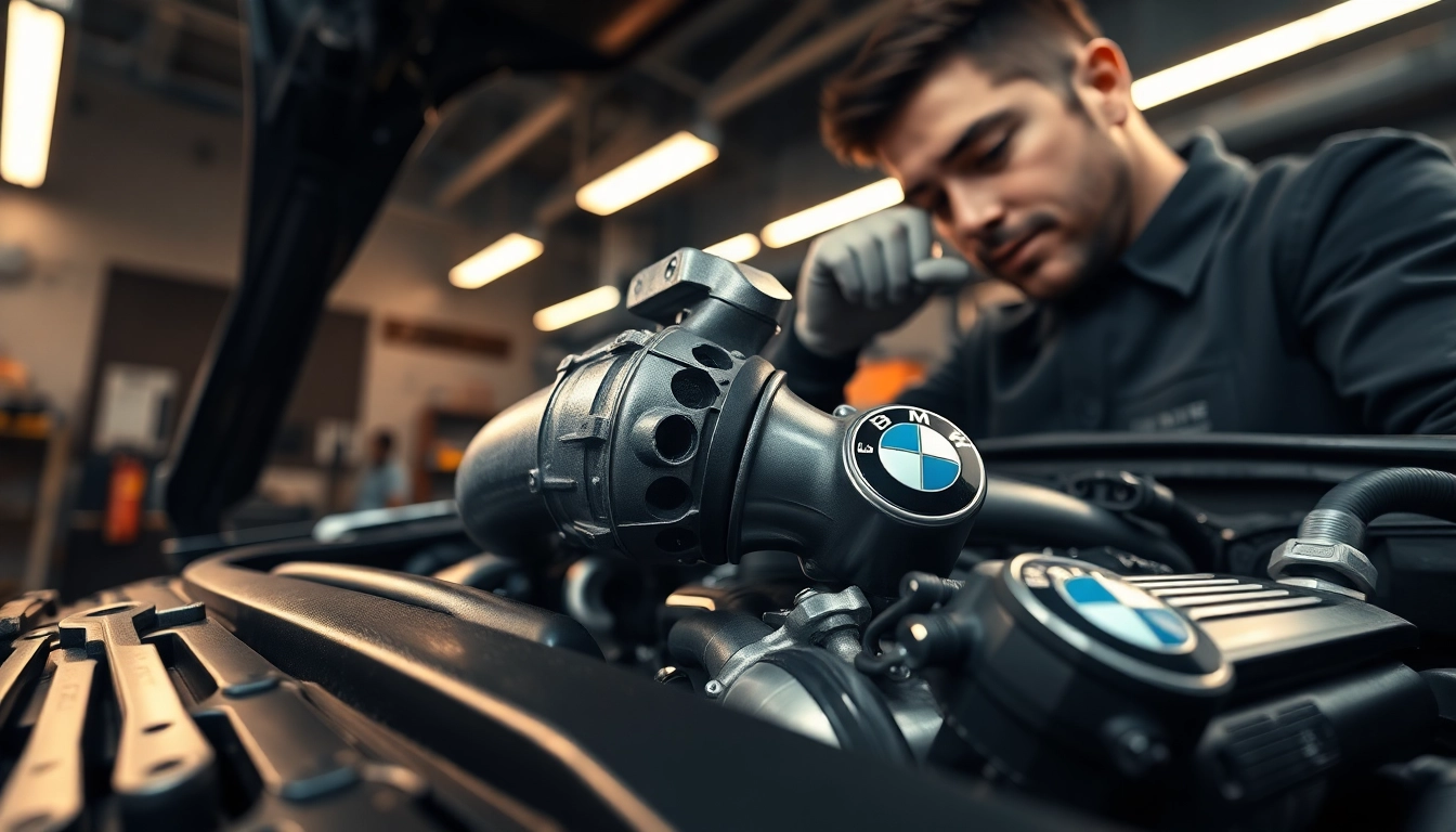 Technician installing an n20 boost pipe on a BMW engine for performance improvement.