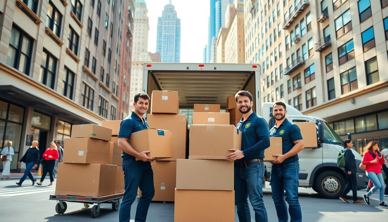 Efficient Manhattan moving company team loading boxes onto a truck on a sunny day.