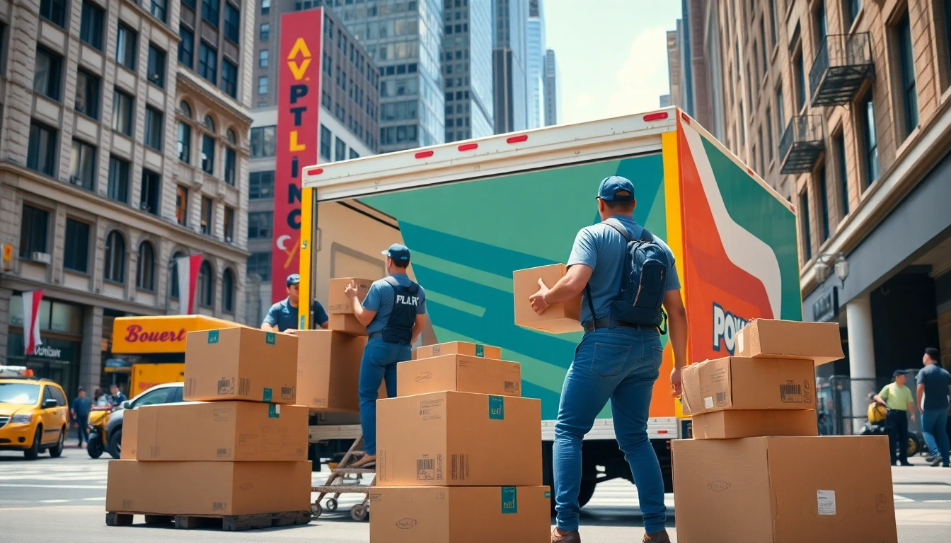Movers nyc packing boxes efficiently in a busy New York City street.