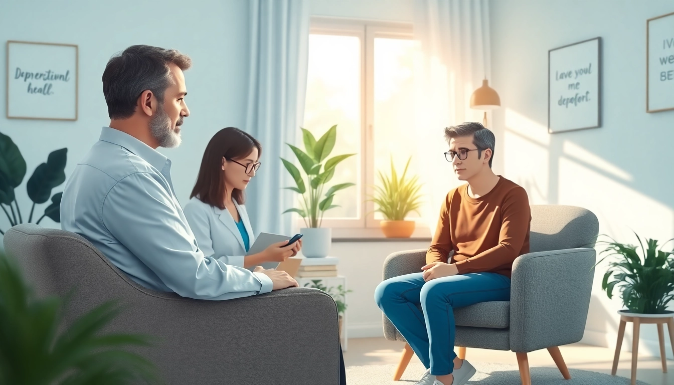 Therapist helps a patient struggling with Depression in a calming office environment.