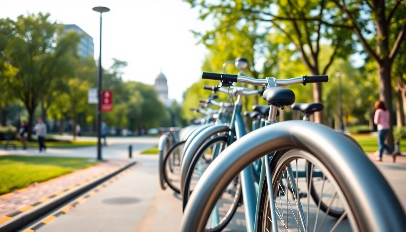 Modern bike rack securely holding bicycles in a park with natural surroundings.